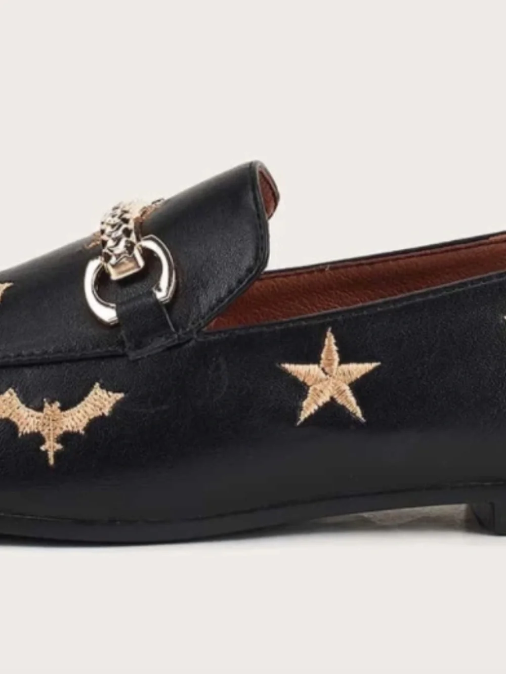 Bat Star Embroidered Loafers Black Horsebit Flat Slip On Shoes Smooth Leather